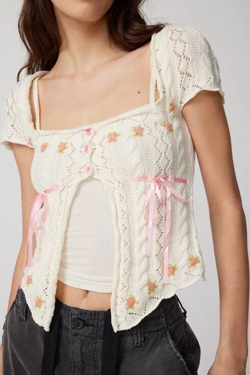 Urban Outfitters Sweaters - Urban Outfitters Kourtney Floral Embroidered Short Sleeve Cardigan